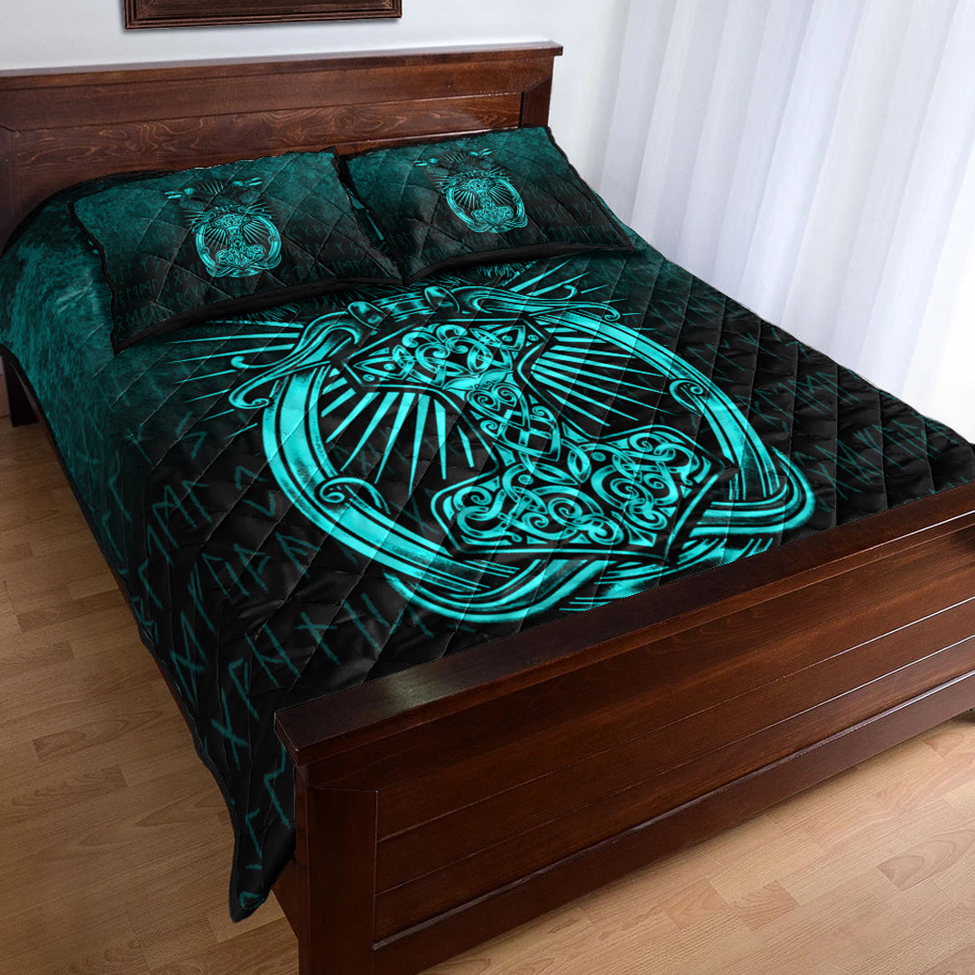 Viking Quilt Bedding Set Viking Ravens Mjolnir Cyan Version