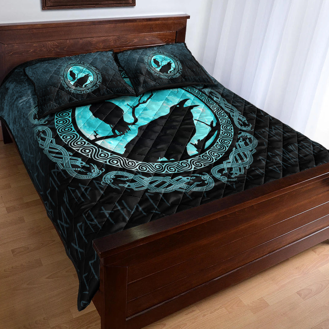 Viking Quilt Bedding Set Viking Huginn Muninn Odins Ravens Cyan Version