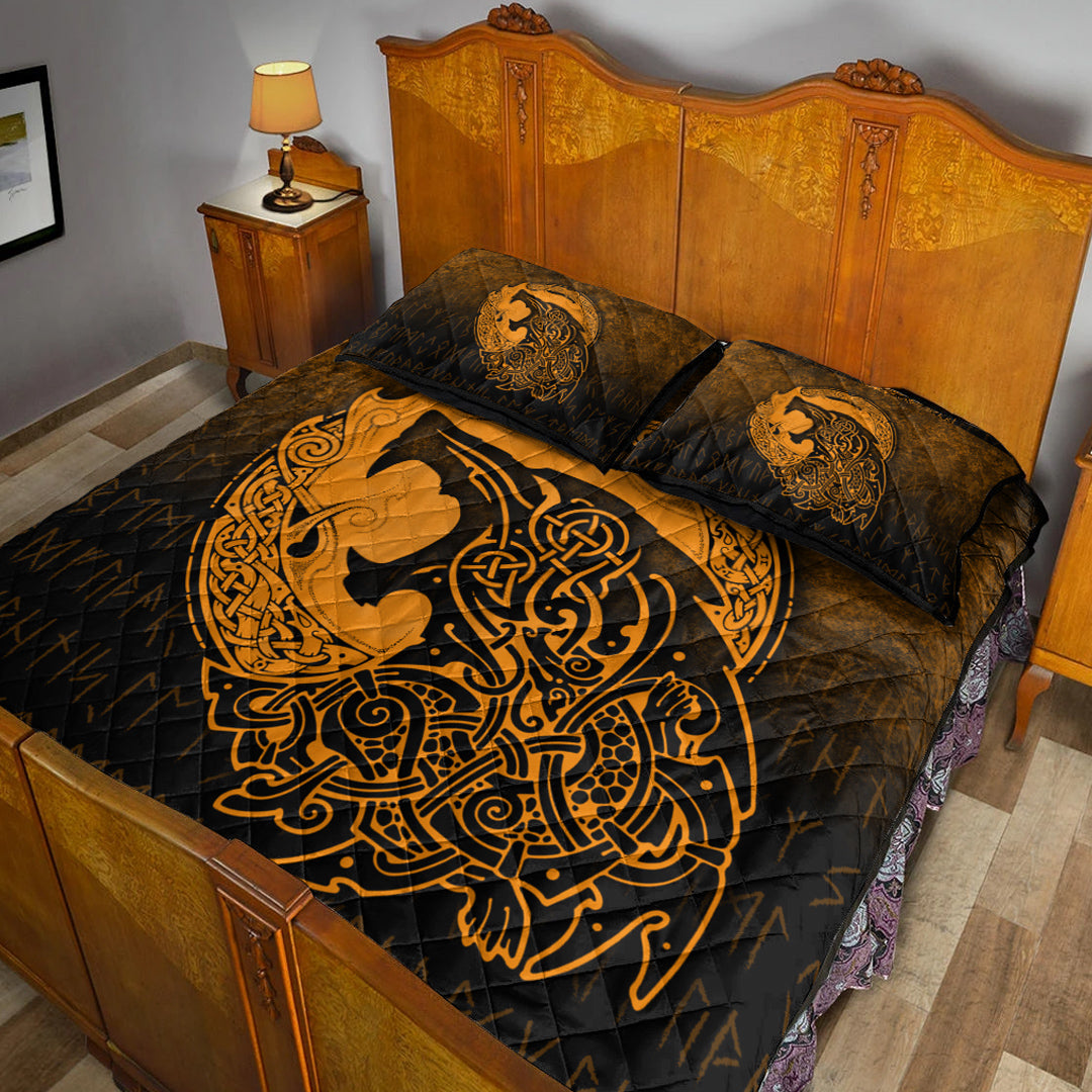 Viking Quilt Bedding Set Fenrir Viking 3D Tattoo Gold Version