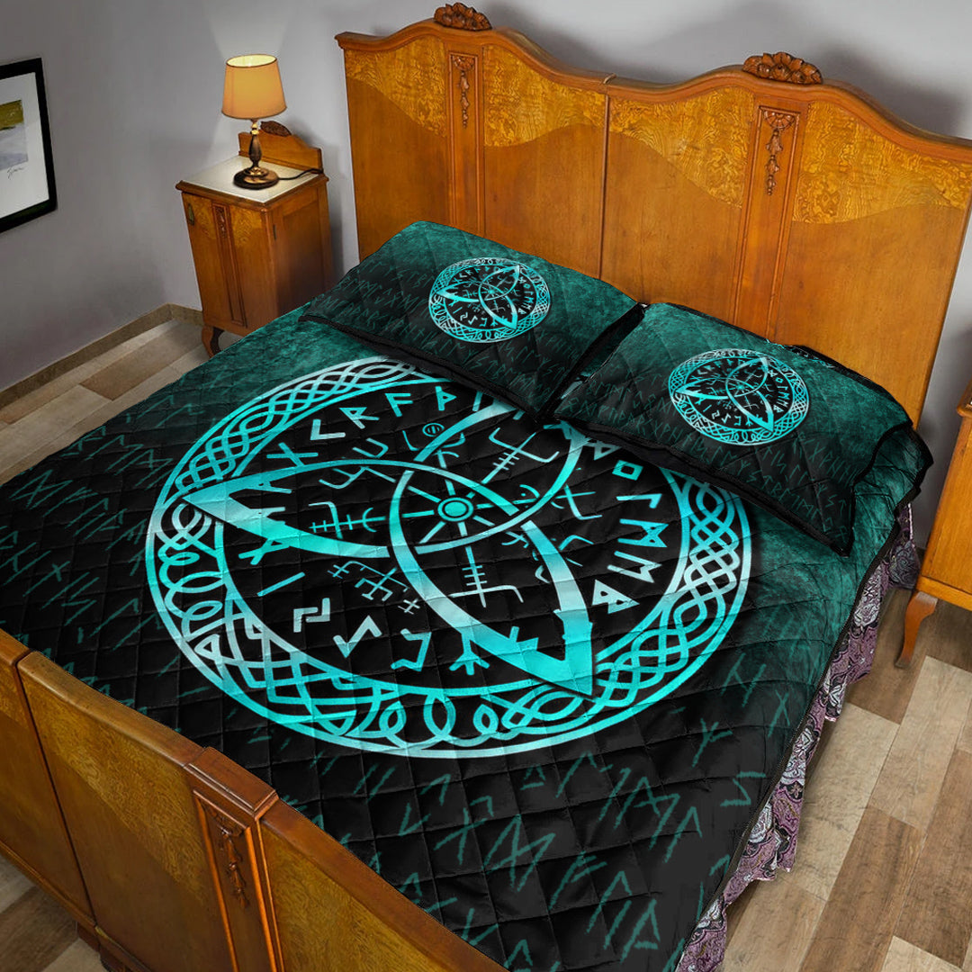 Viking Quilt Bedding Set Vegvisir Nordic Viking Rune Cyan Version