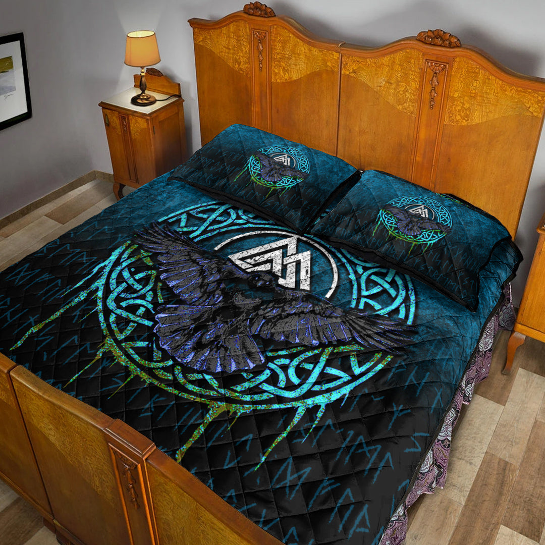 Viking Quilt Bedding Set Valhalla Norse Mythology Raven Black Crow Viking Cyan Version