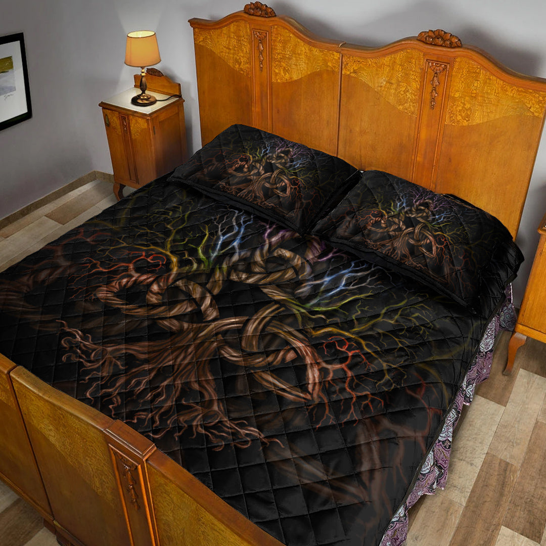 Viking Quilt Bedding Set Colorful Tree of Life With Triquetra