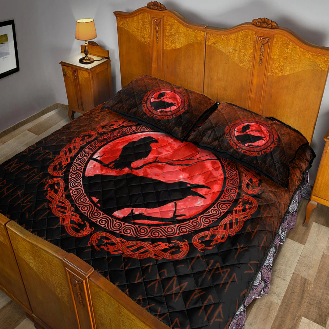 Viking Quilt Bedding Set Viking Huginn Muninn Odins Ravens Red Version