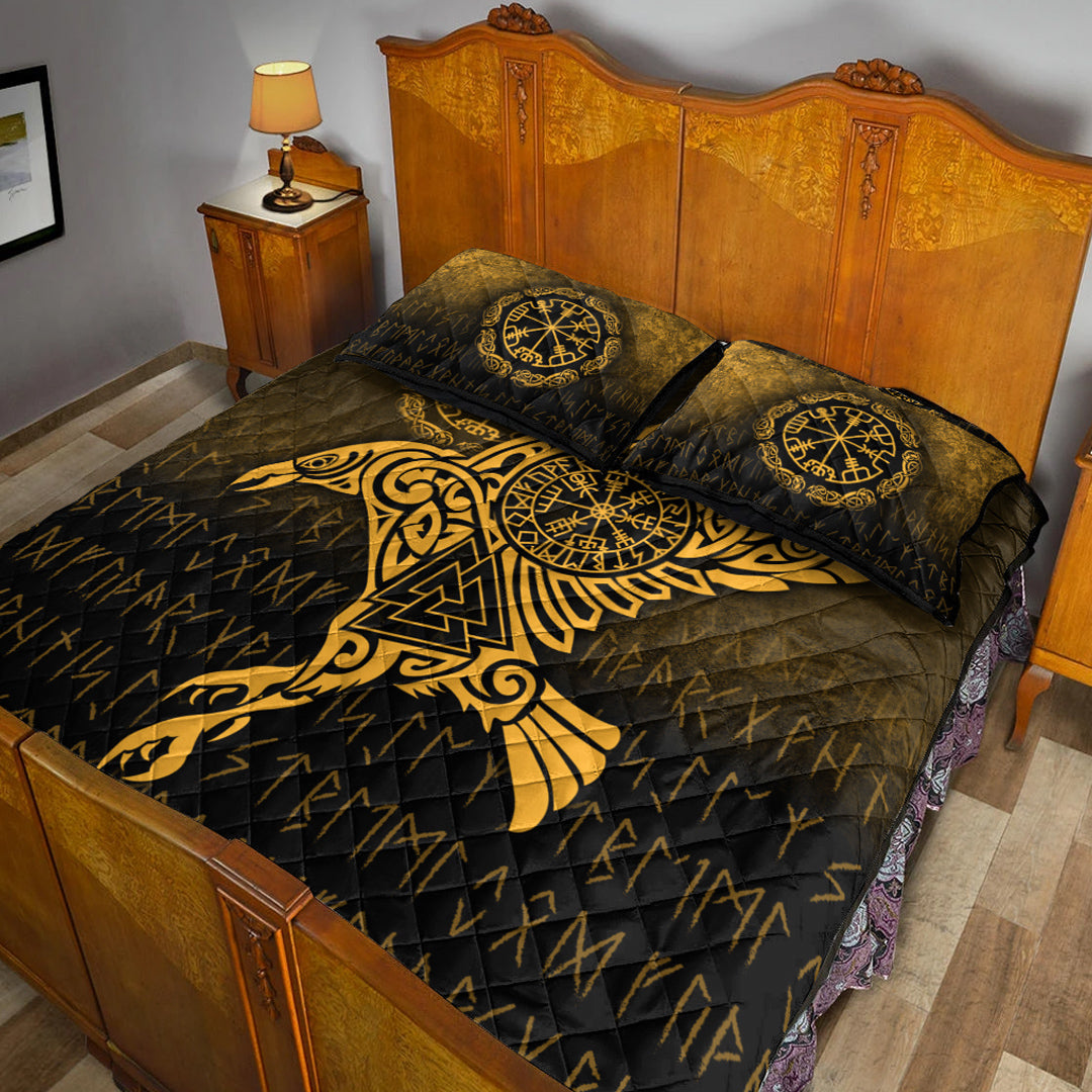 Viking Quilt Bedding Set Raven Vegvisir Tattoo Gold Version