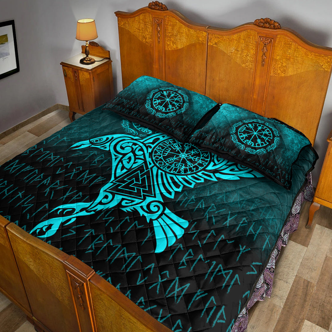 Viking Quilt Bedding Set Raven Vegvisir Tattoo Cyan Version