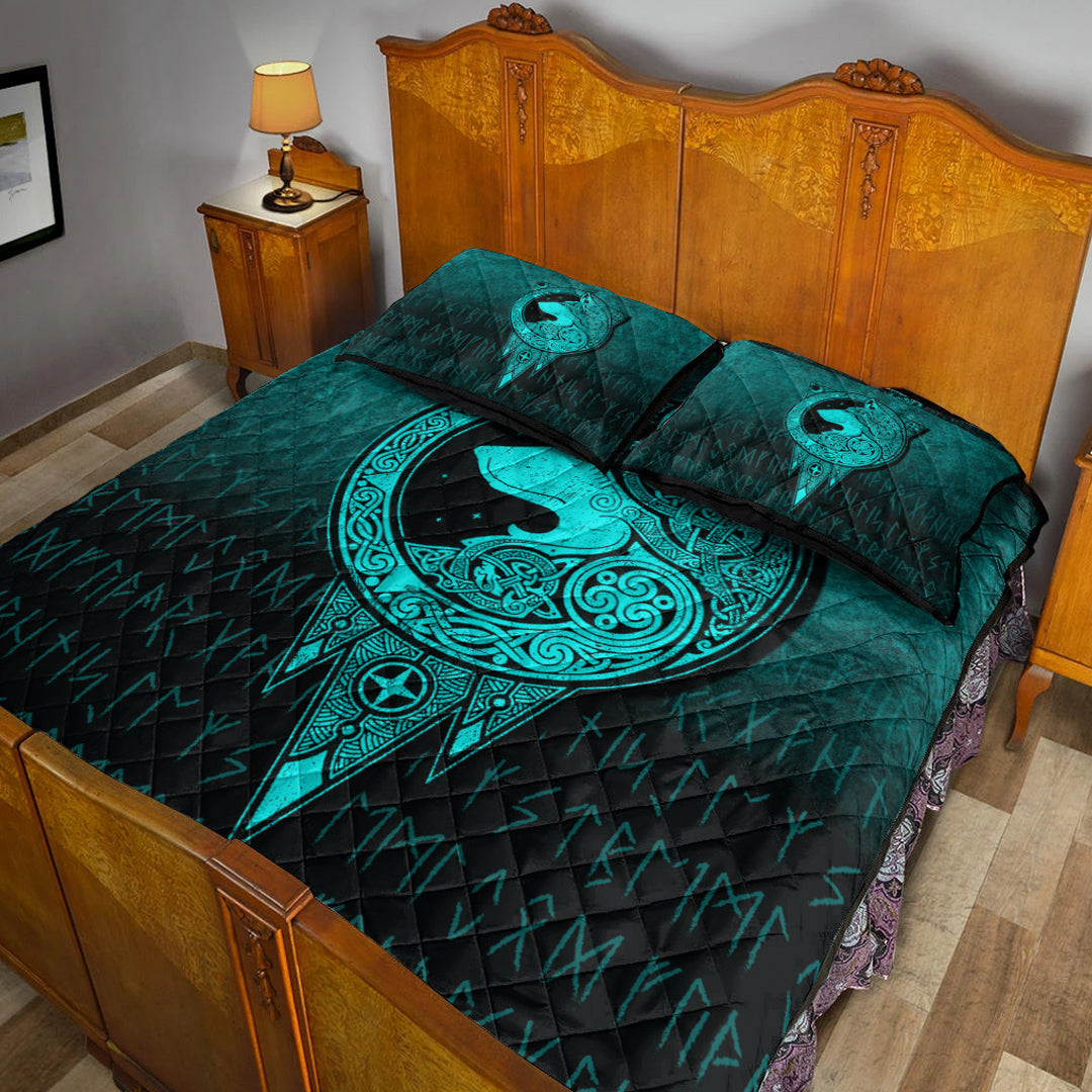 Viking Quilt Bedding Set Viking Norse Wolf Cyan Version