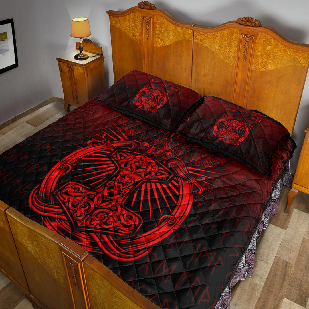 Viking Quilt Bedding Set Viking Ravens Mjolnir Red Version