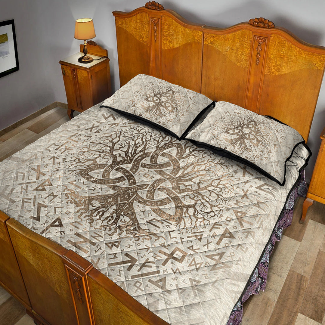 Viking Quilt Bedding Set Tree of Life with Triquetra and Futhark Pastel Gold