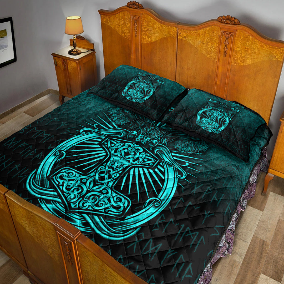 Viking Quilt Bedding Set Viking Ravens Mjolnir Cyan Version