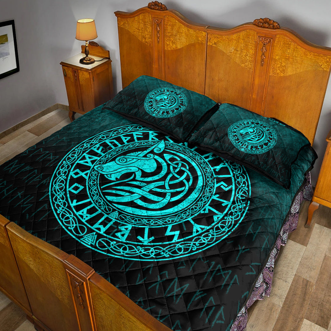 Viking Quilt Bedding Set Viking Wolf Cyan Version