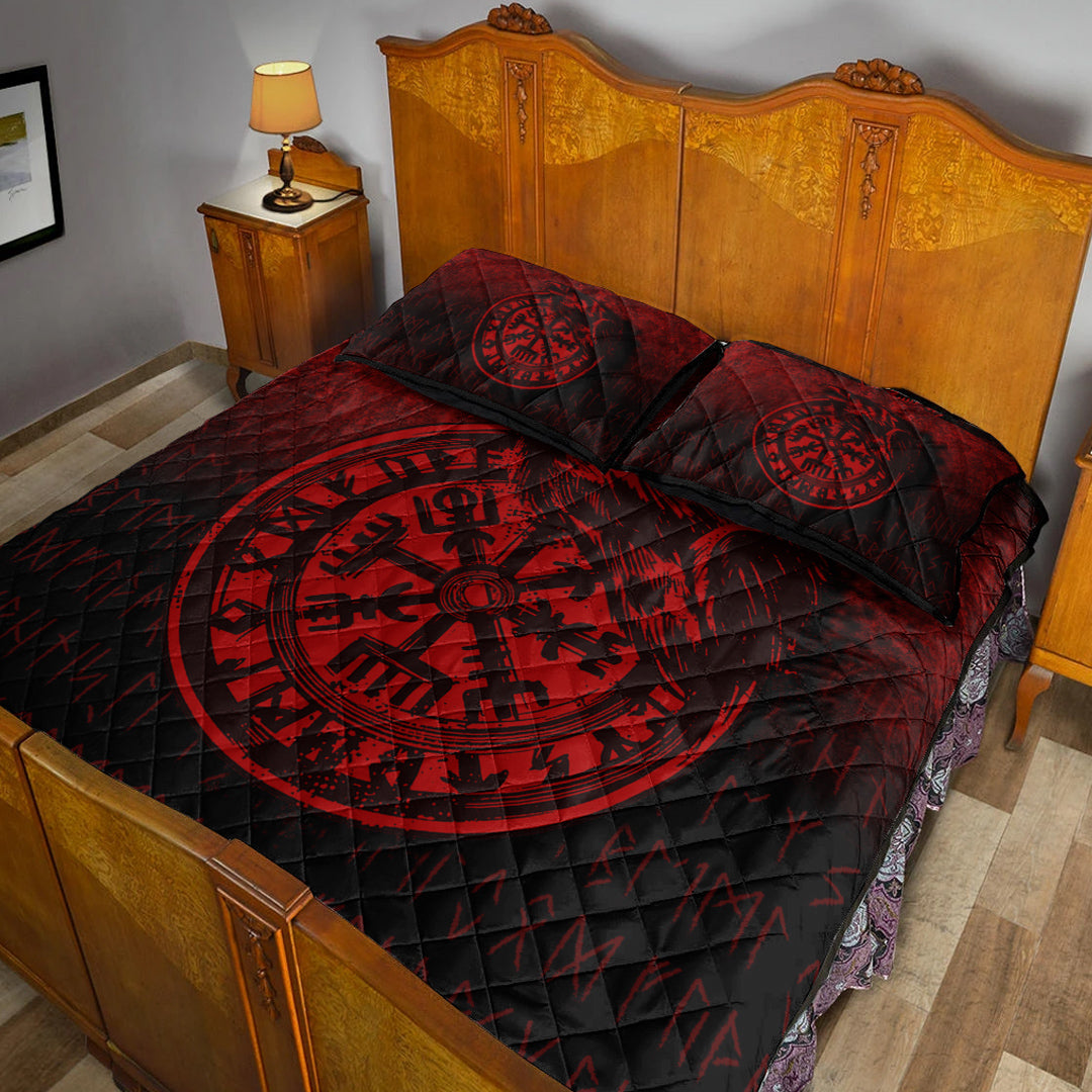 Viking Quilt Bedding Set Viking Vegvisir Rune with Crow Red Version