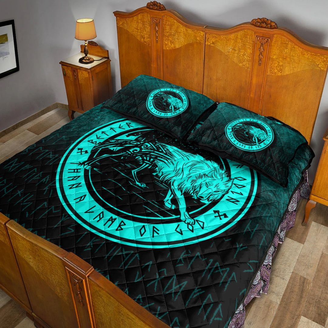 Viking Quilt Bedding Set Wolf Of Odin Cyan Version