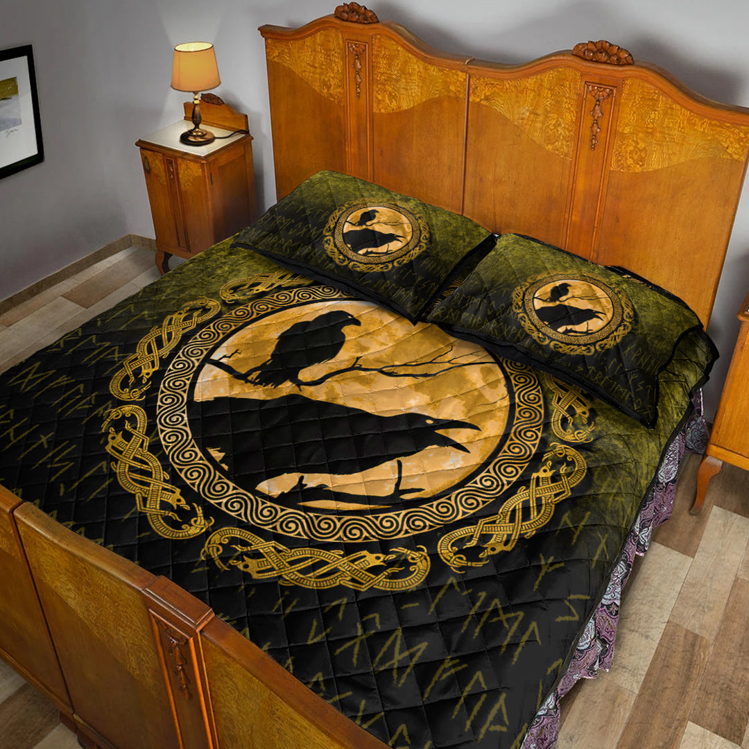 Viking Quilt Bedding Set Viking Huginn Muninn Odins Ravens Gold Version