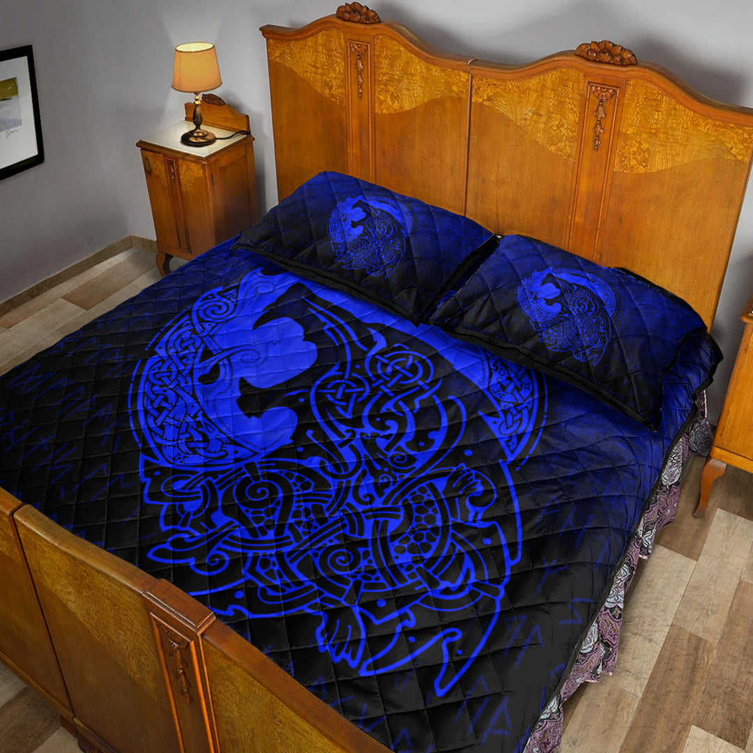 Viking Quilt Bedding Set Fenrir Viking 3D Tattoo Blue Version