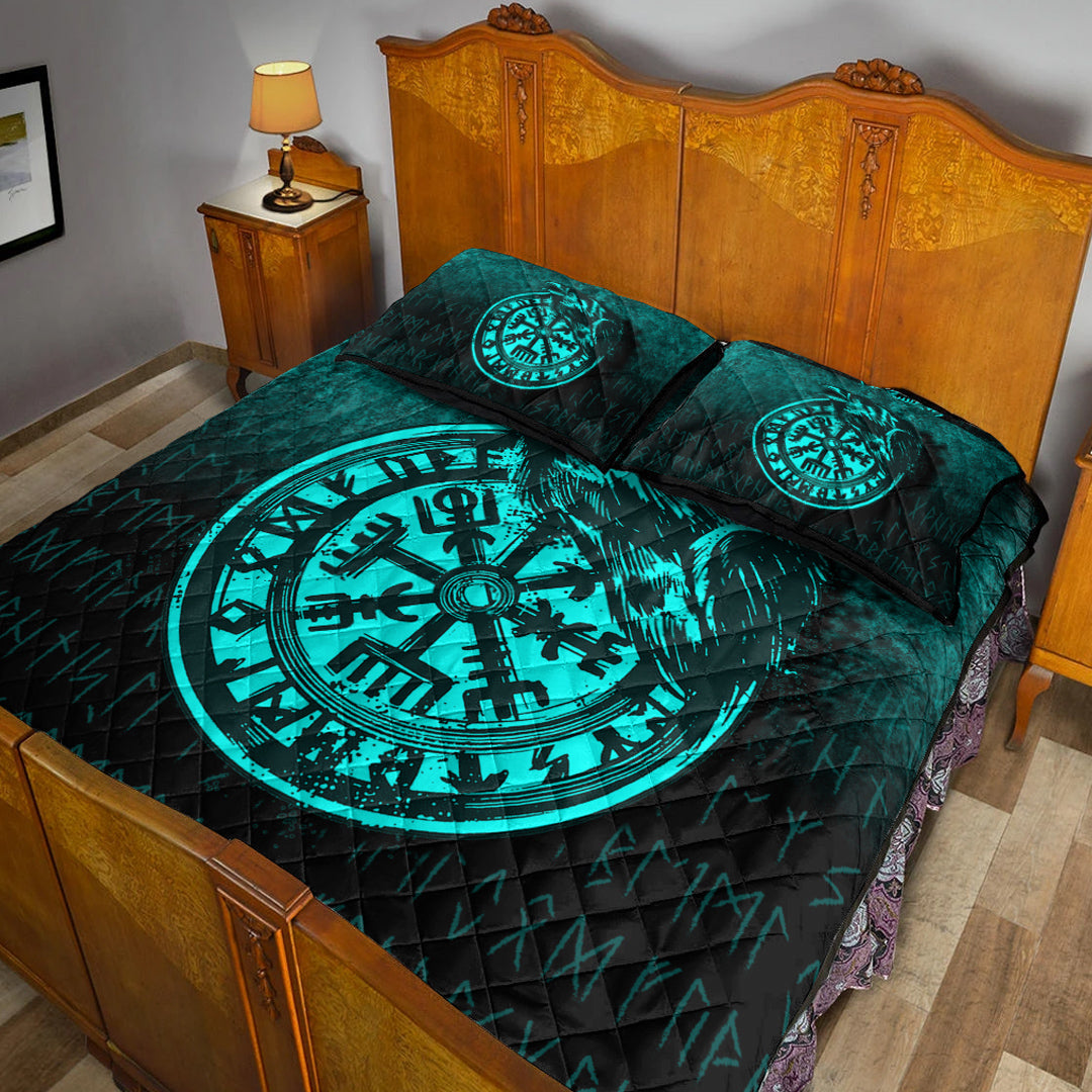 Viking Quilt Bedding Set Viking Vegvisir Rune with Crow Cyan Version