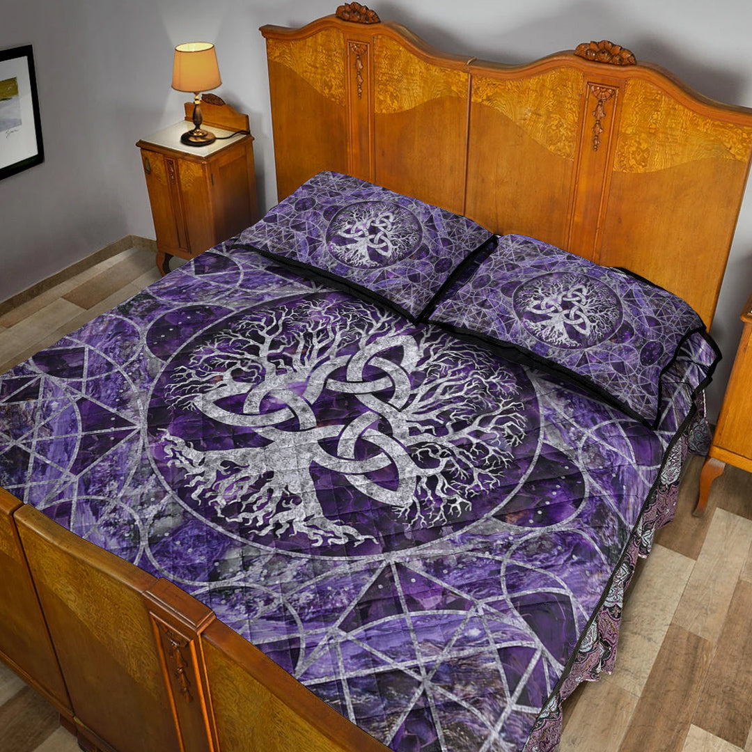 Viking Quilt Bedding Set Tree of Life with Triquetra Amethyst and Silver