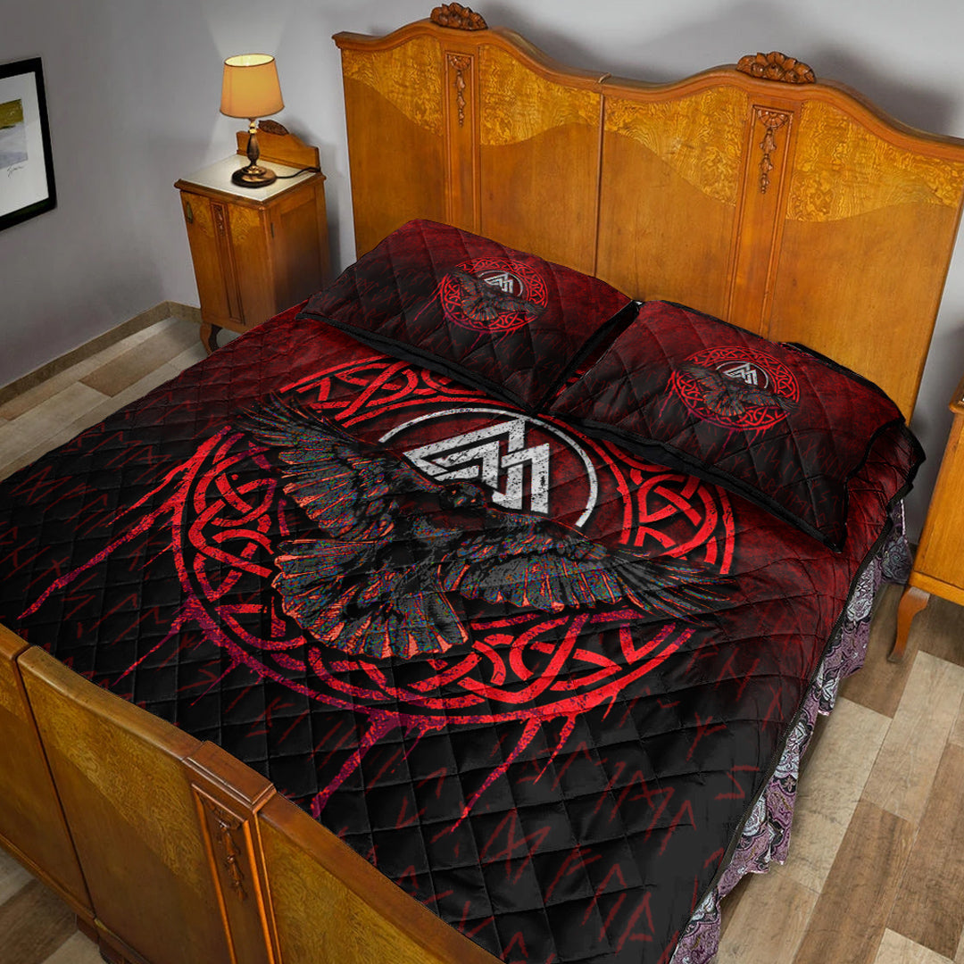 Viking Quilt Bedding Set Valhalla Norse Mythology Raven Black Crow Viking Red Version