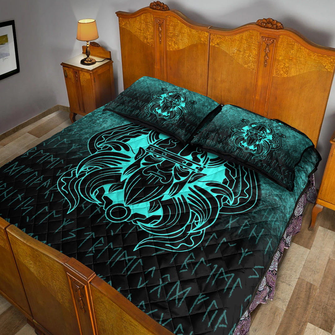 Viking Quilt Bedding Set Nordic Warrior Valhalla Norse Cyan Version