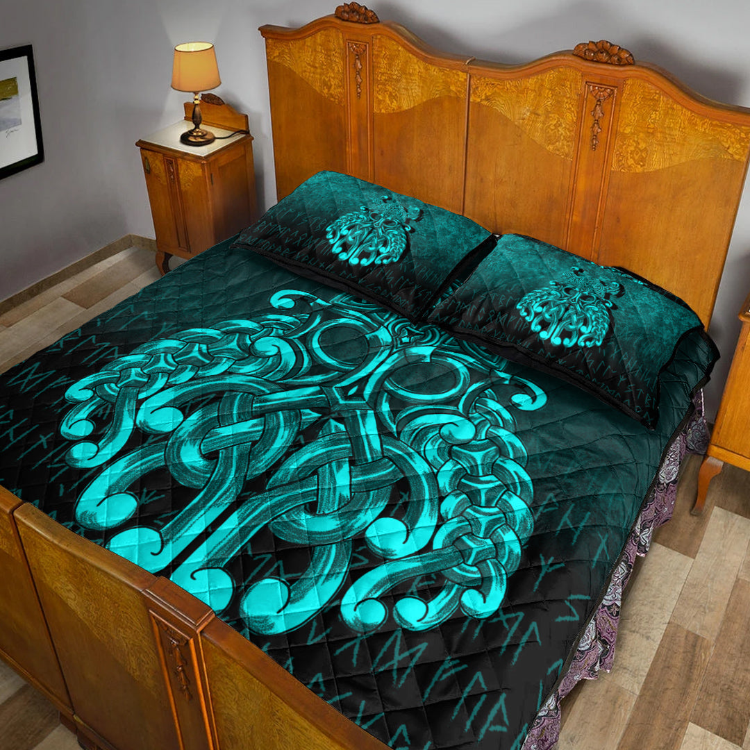 Viking Quilt Bedding Set Viking Odin Valhalla Cyan Version