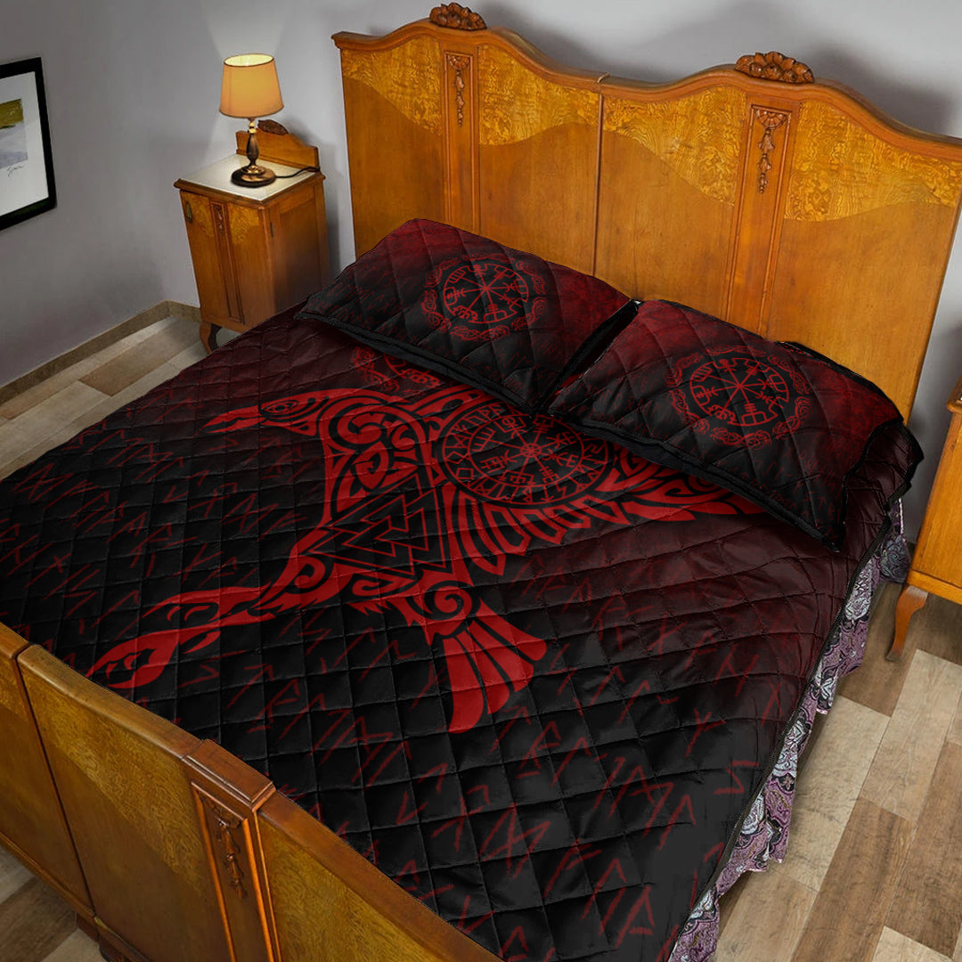 Viking Quilt Bedding Set Raven Vegvisir Tattoo Red Version