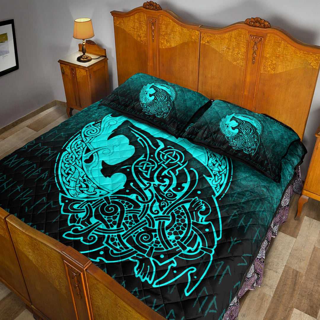 Viking Quilt Bedding Set Fenrir Viking 3D Tattoo Cyan Version