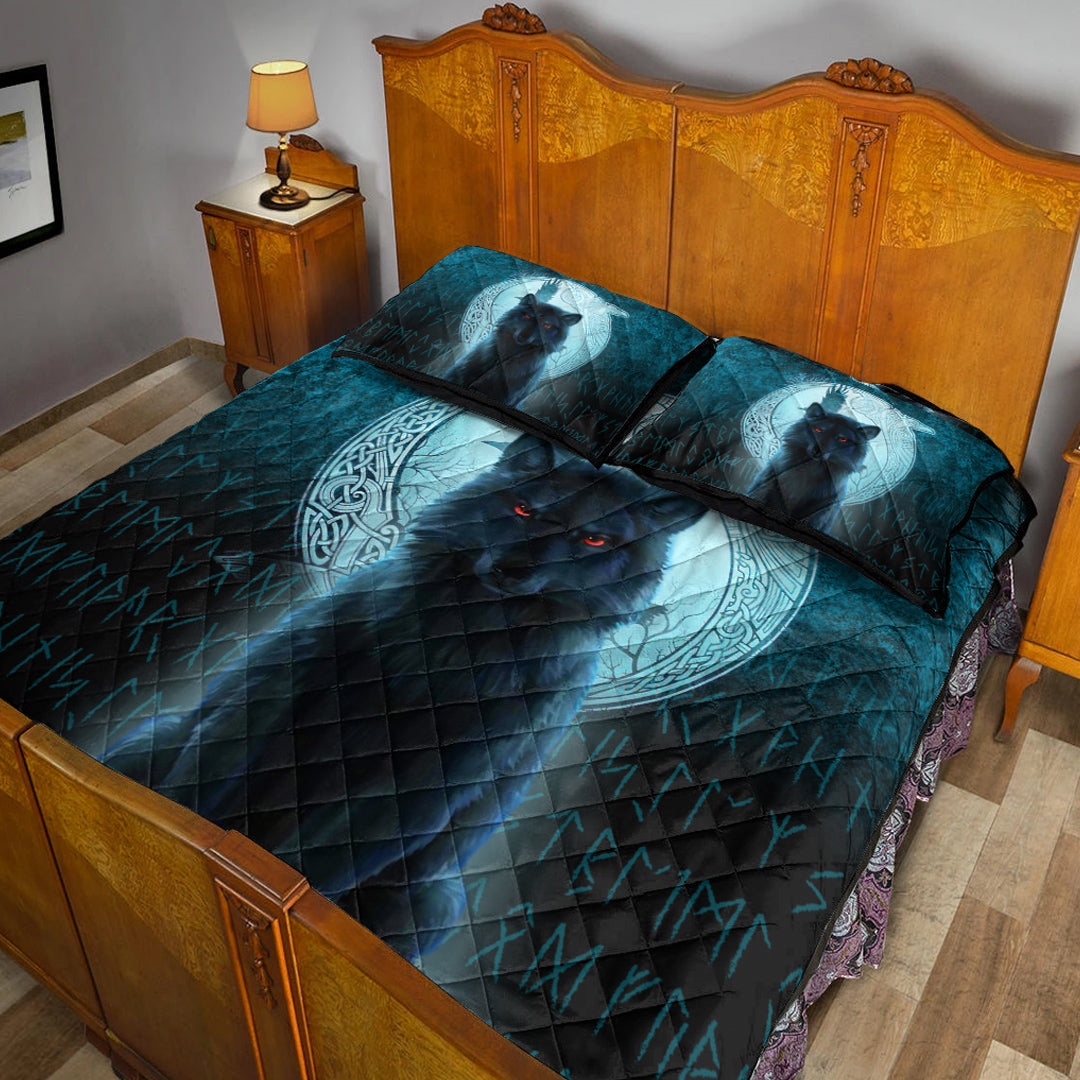 Viking Quilt Bedding Set Fenrir Viking Wolf Cyan Version