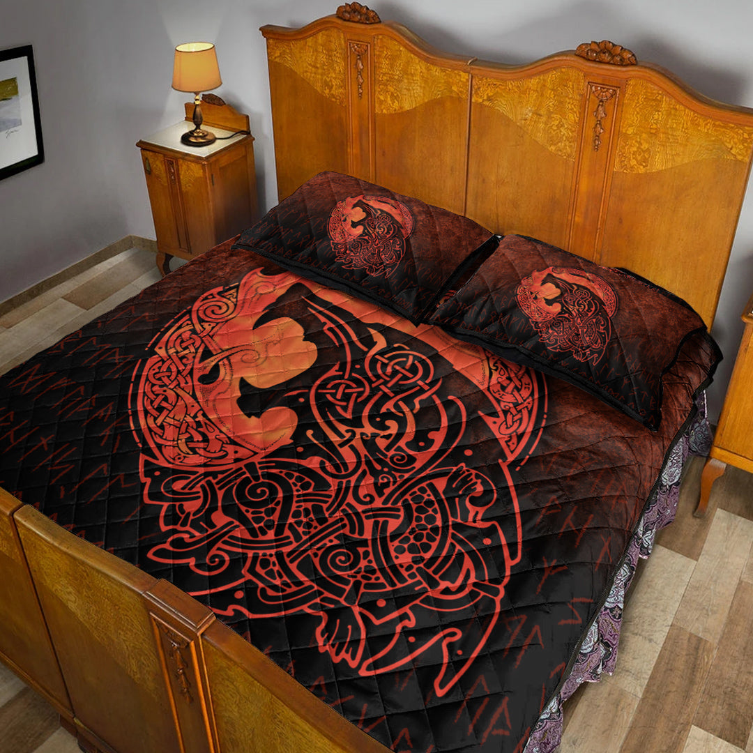 Viking Quilt Bedding Set Fenrir Viking 3D Tattoo Orange Version