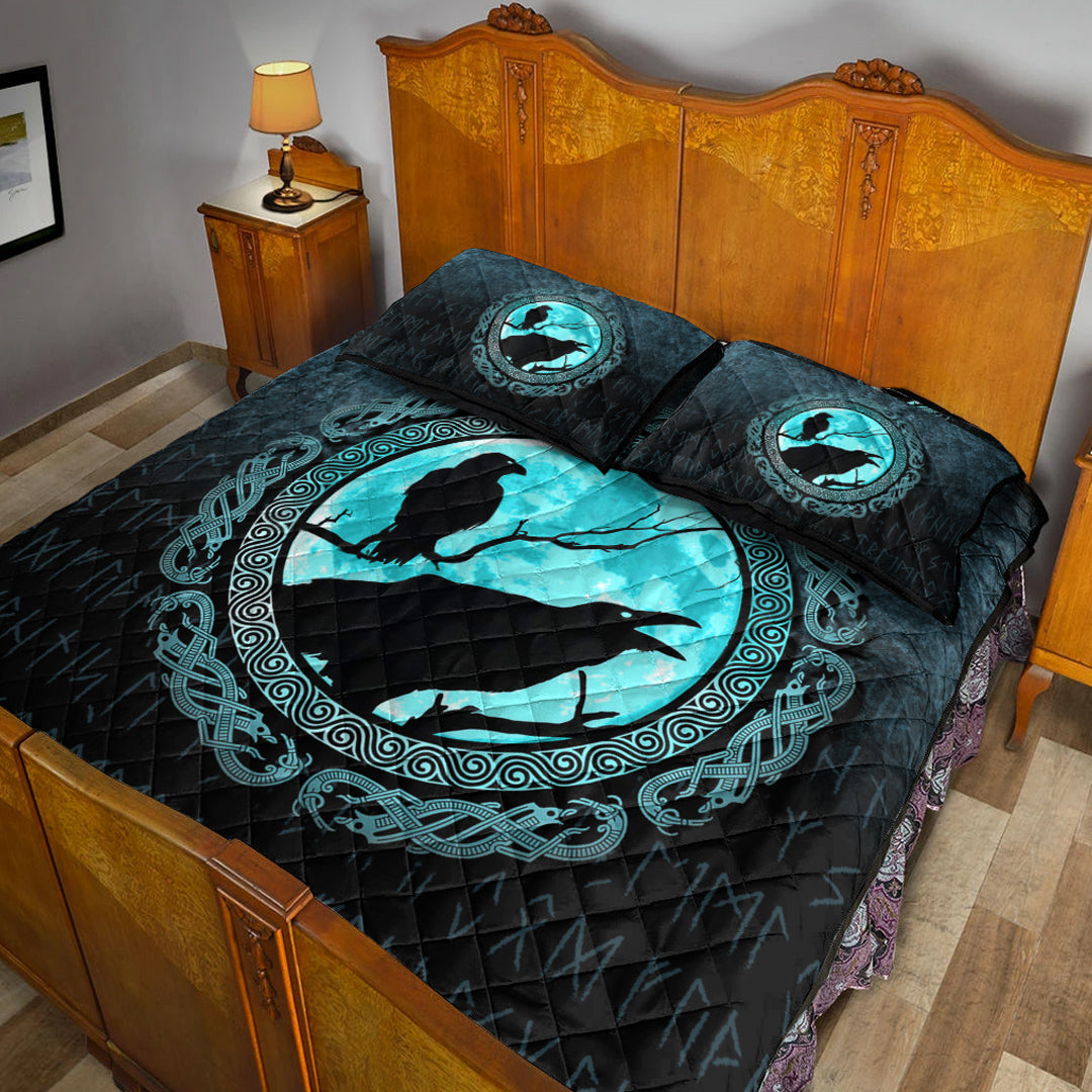 Viking Quilt Bedding Set Viking Huginn Muninn Odins Ravens Cyan Version