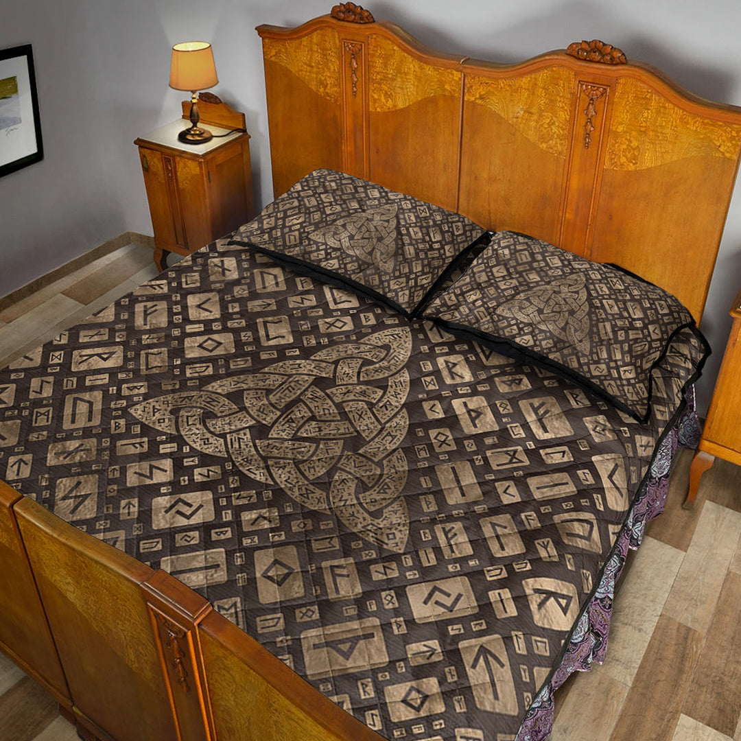 Viking Quilt Bedding Set Triquetra & Runic Alphabet Wood and Gold