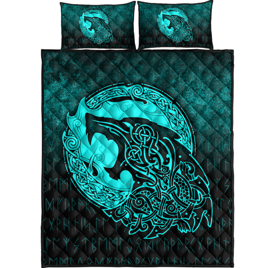 Viking Quilt Bedding Set Fenrir Viking 3D Tattoo Cyan Version