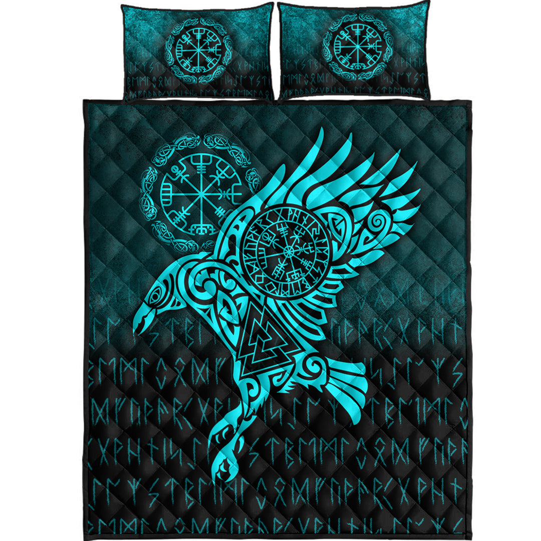 Viking Quilt Bedding Set Raven Vegvisir Tattoo Cyan Version