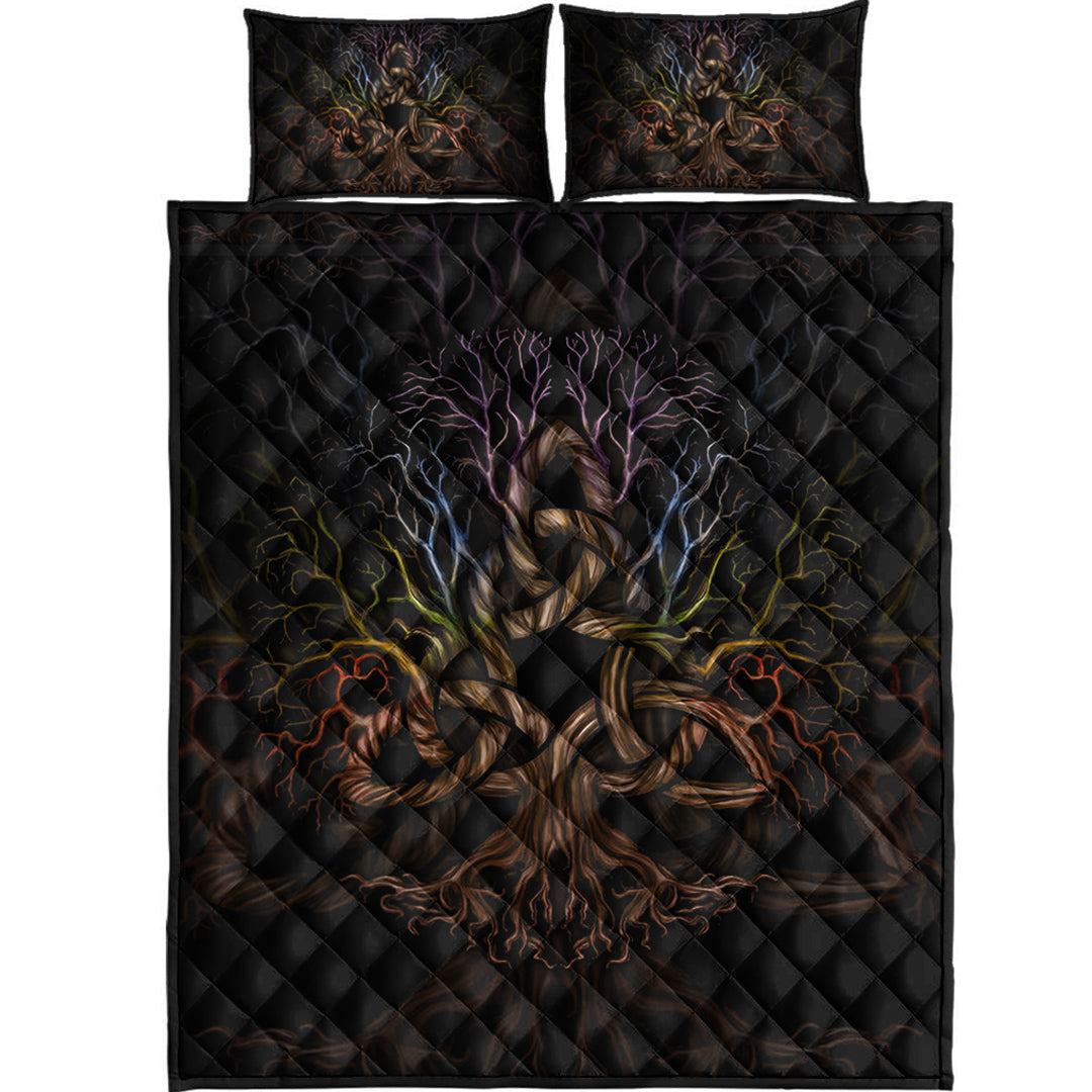 Viking Quilt Bedding Set Colorful Tree of Life With Triquetra