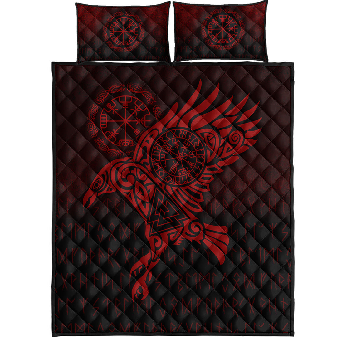 Viking Quilt Bedding Set Raven Vegvisir Tattoo Red Version