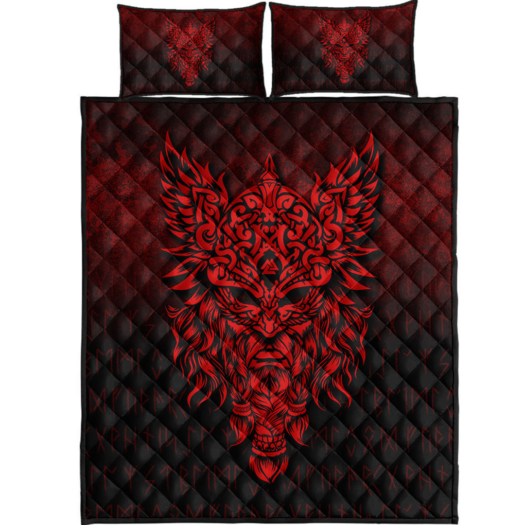 Viking Quilt Bedding Set Odin The Allfather Asgard God And Chief Of Aesir Red Version