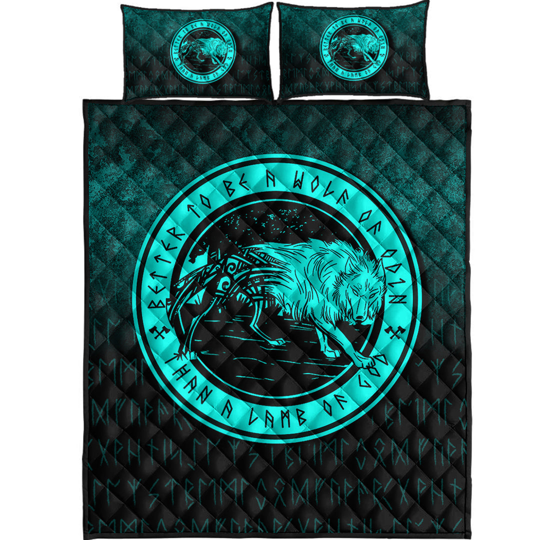 Viking Quilt Bedding Set Wolf Of Odin Cyan Version