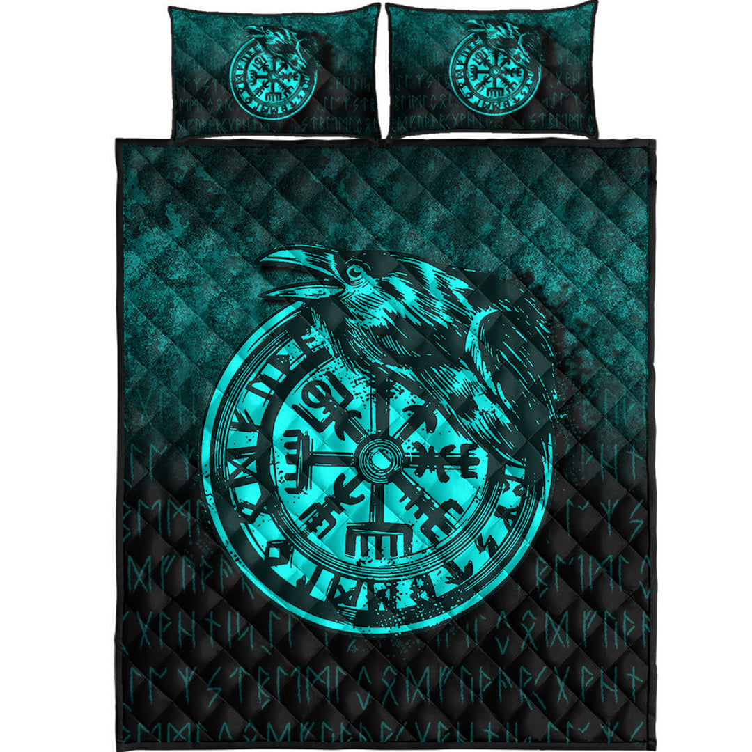 Viking Quilt Bedding Set Viking Vegvisir Rune with Crow Cyan Version