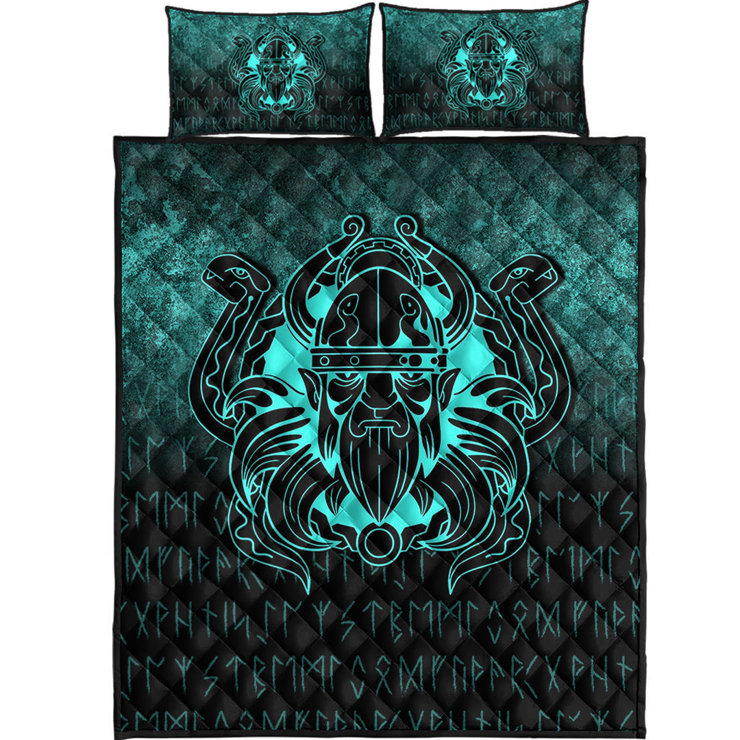 Viking Quilt Bedding Set Nordic Warrior Valhalla Norse Cyan Version