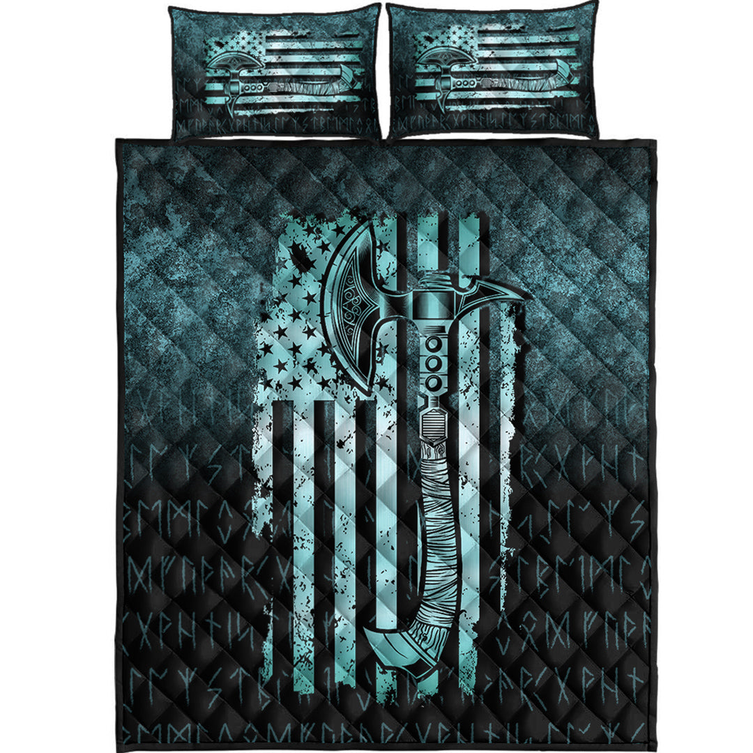 Viking Quilt Bedding Set USA Flag Viking Cool American Norsemen Cyan Version