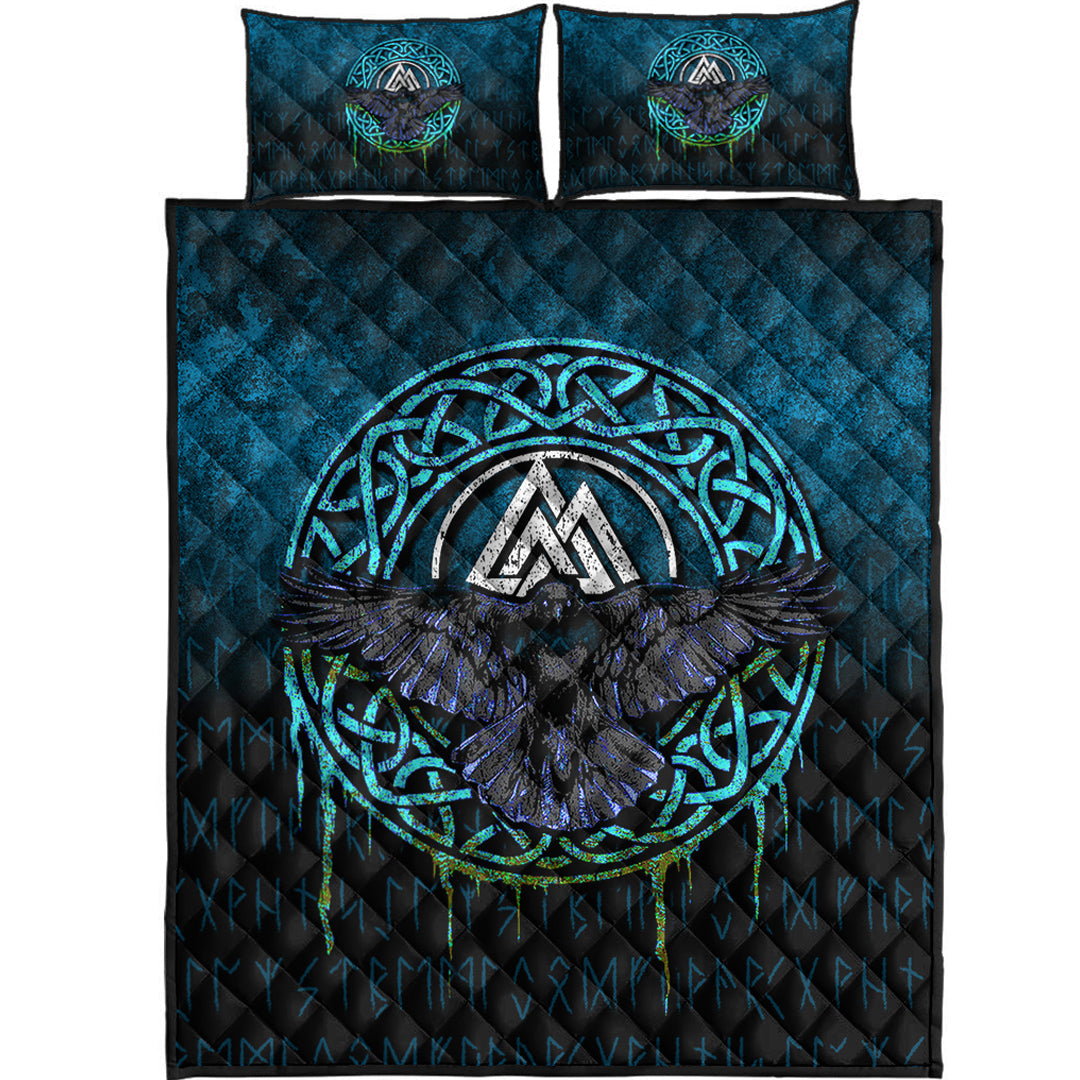 Viking Quilt Bedding Set Valhalla Norse Mythology Raven Black Crow Viking Cyan Version