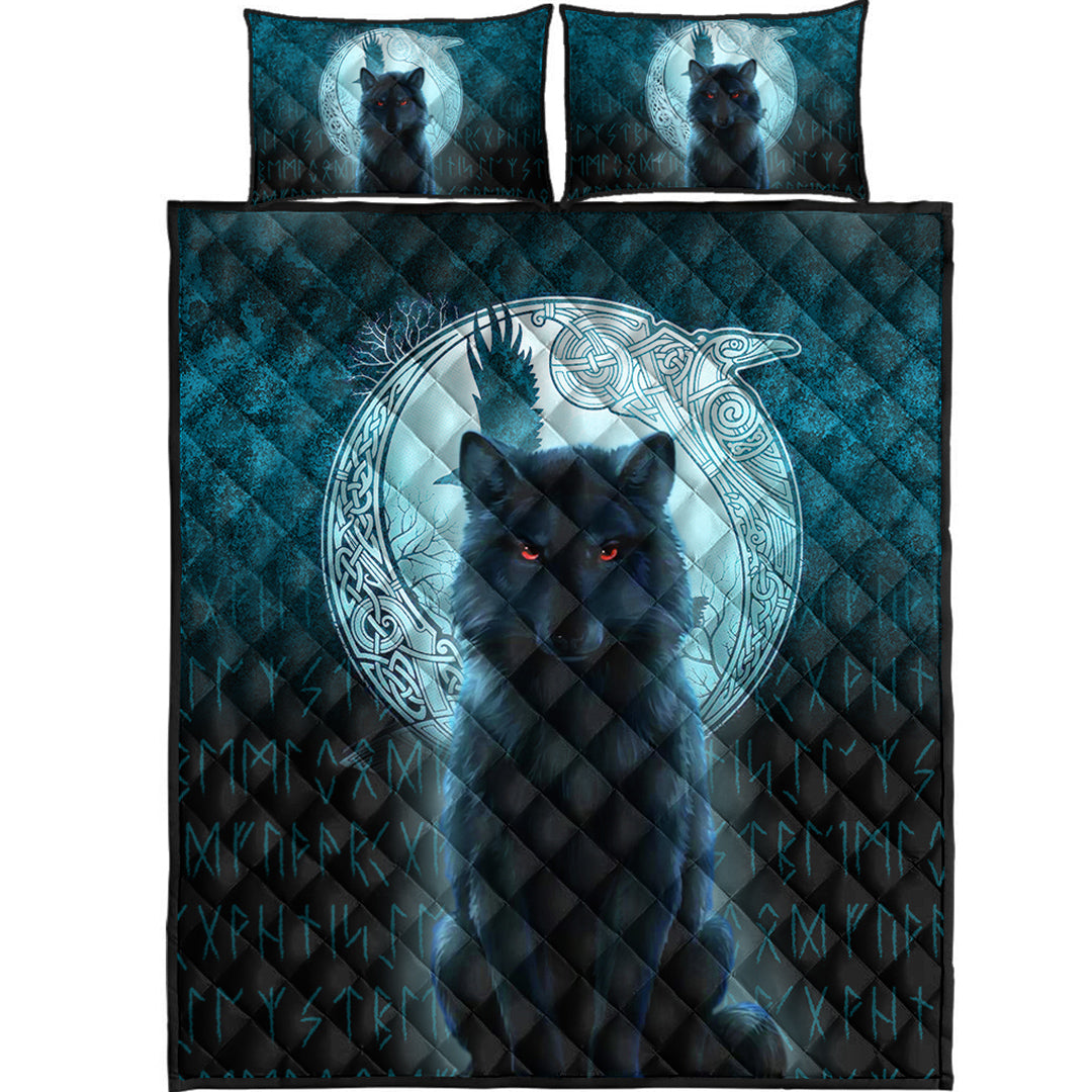 Viking Quilt Bedding Set Fenrir Viking Wolf Cyan Version