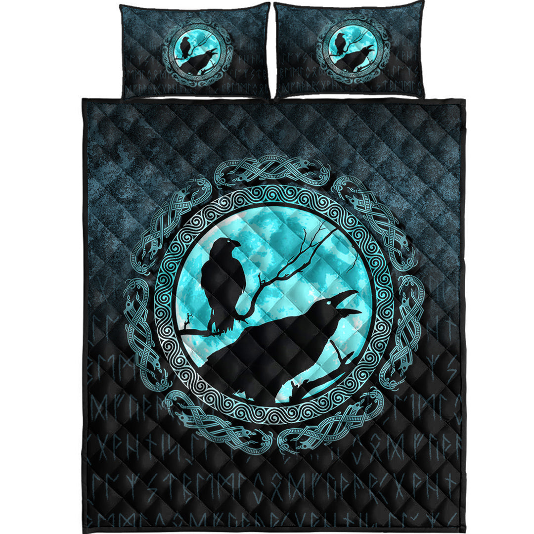 Viking Quilt Bedding Set Viking Huginn Muninn Odins Ravens Cyan Version