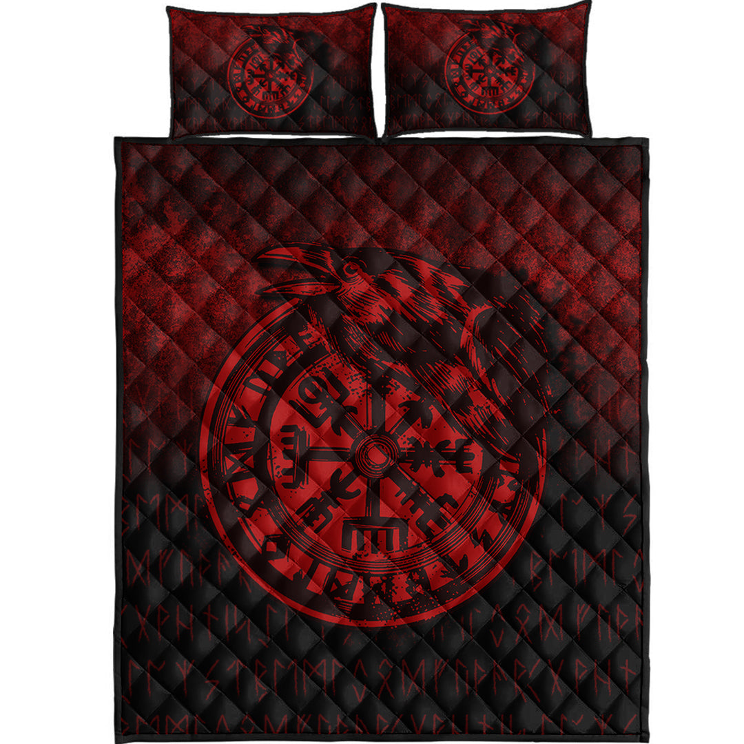 Viking Quilt Bedding Set Viking Vegvisir Rune with Crow Red Version