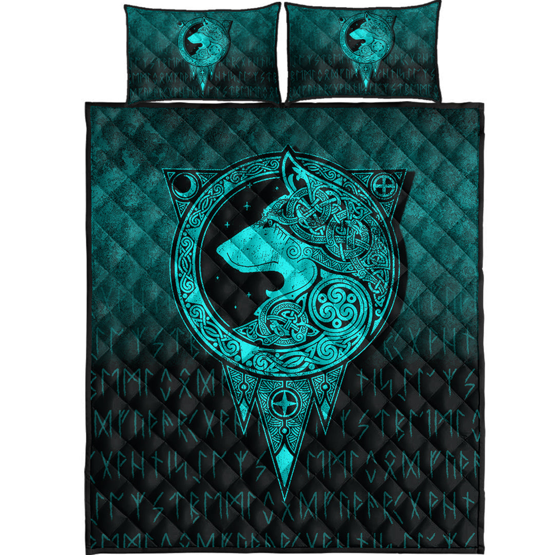 Viking Quilt Bedding Set Viking Norse Wolf Cyan Version