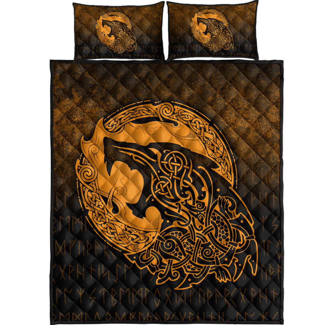 Viking Quilt Bedding Set Fenrir Viking 3D Tattoo Gold Version