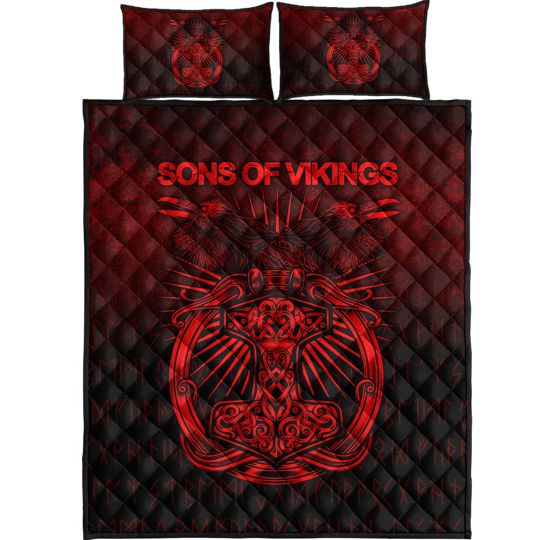 Viking Quilt Bedding Set Viking Ravens Mjolnir Red Version