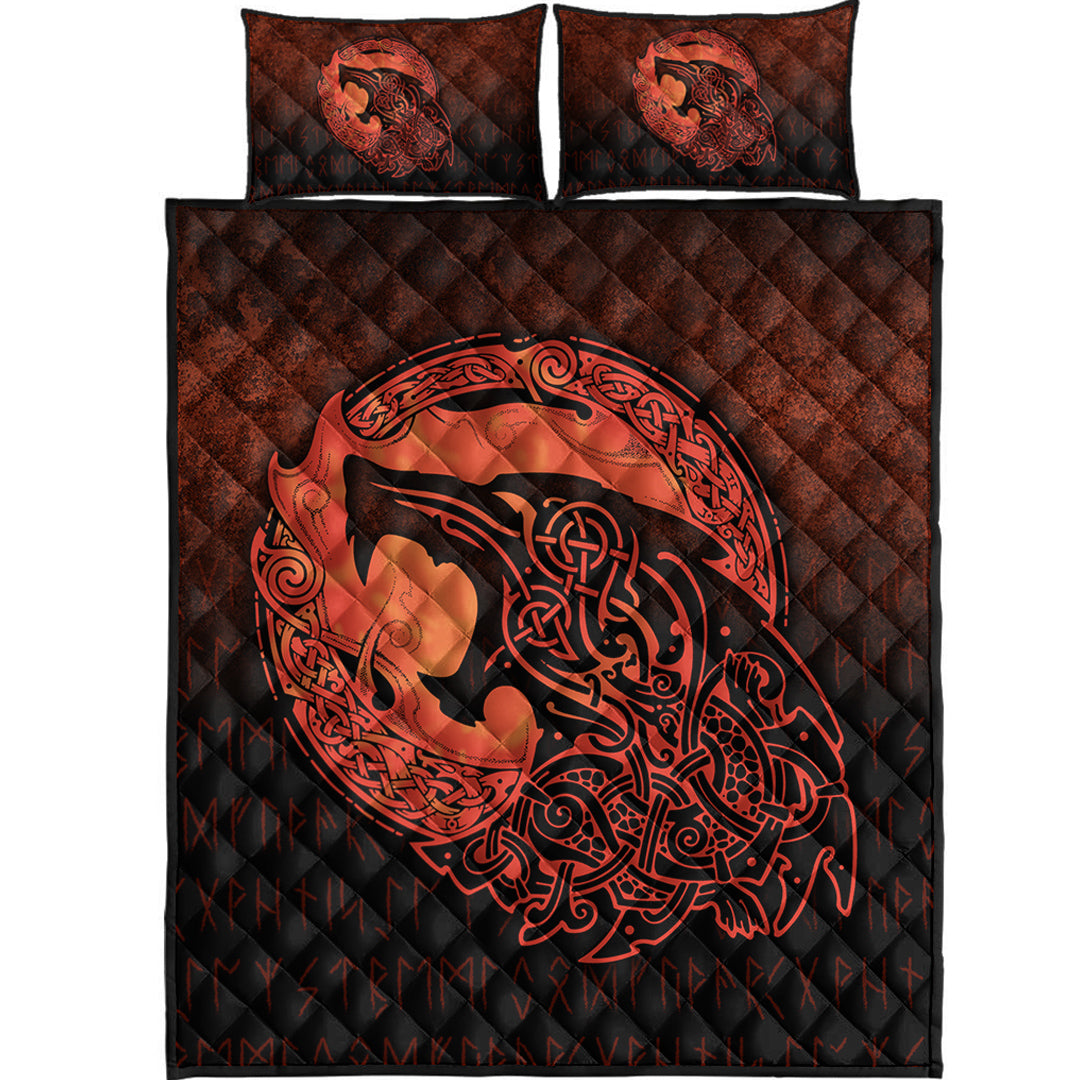 Viking Quilt Bedding Set Fenrir Viking 3D Tattoo Orange Version