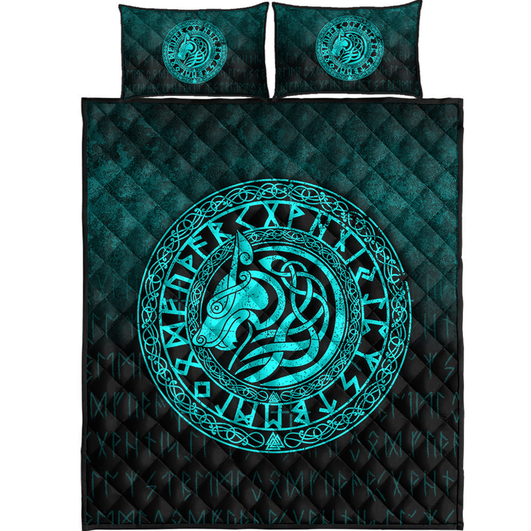 Viking Quilt Bedding Set Viking Wolf Cyan Version