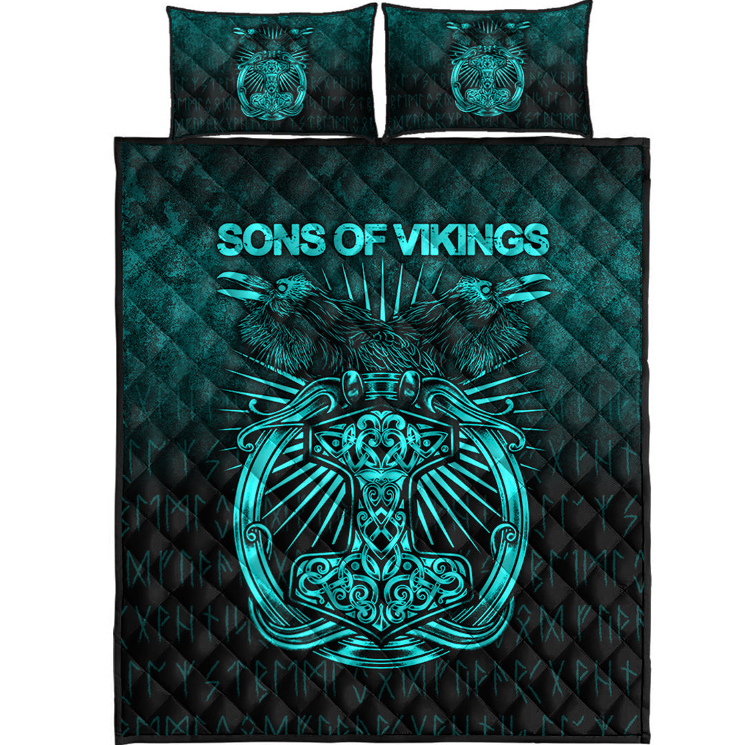 Viking Quilt Bedding Set Viking Ravens Mjolnir Cyan Version