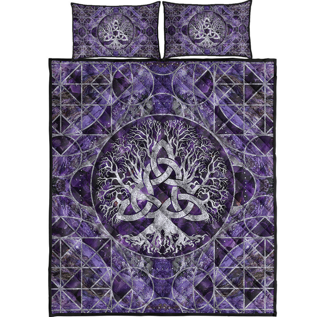 Viking Quilt Bedding Set Tree of Life with Triquetra Amethyst and Silver