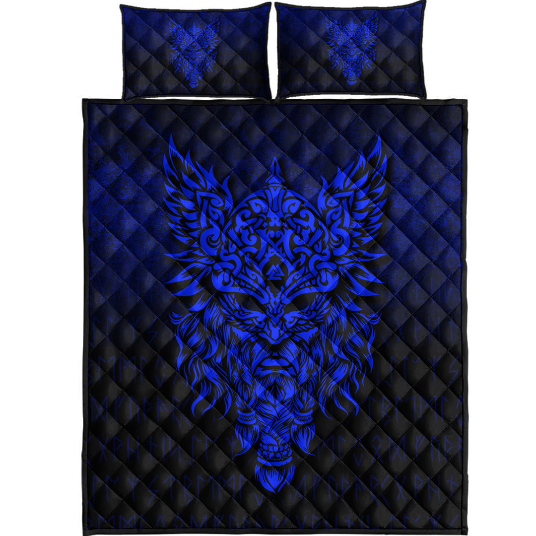 Viking Quilt Bedding Set Odin The Allfather Asgard God And Chief Of Aesir Blue Version